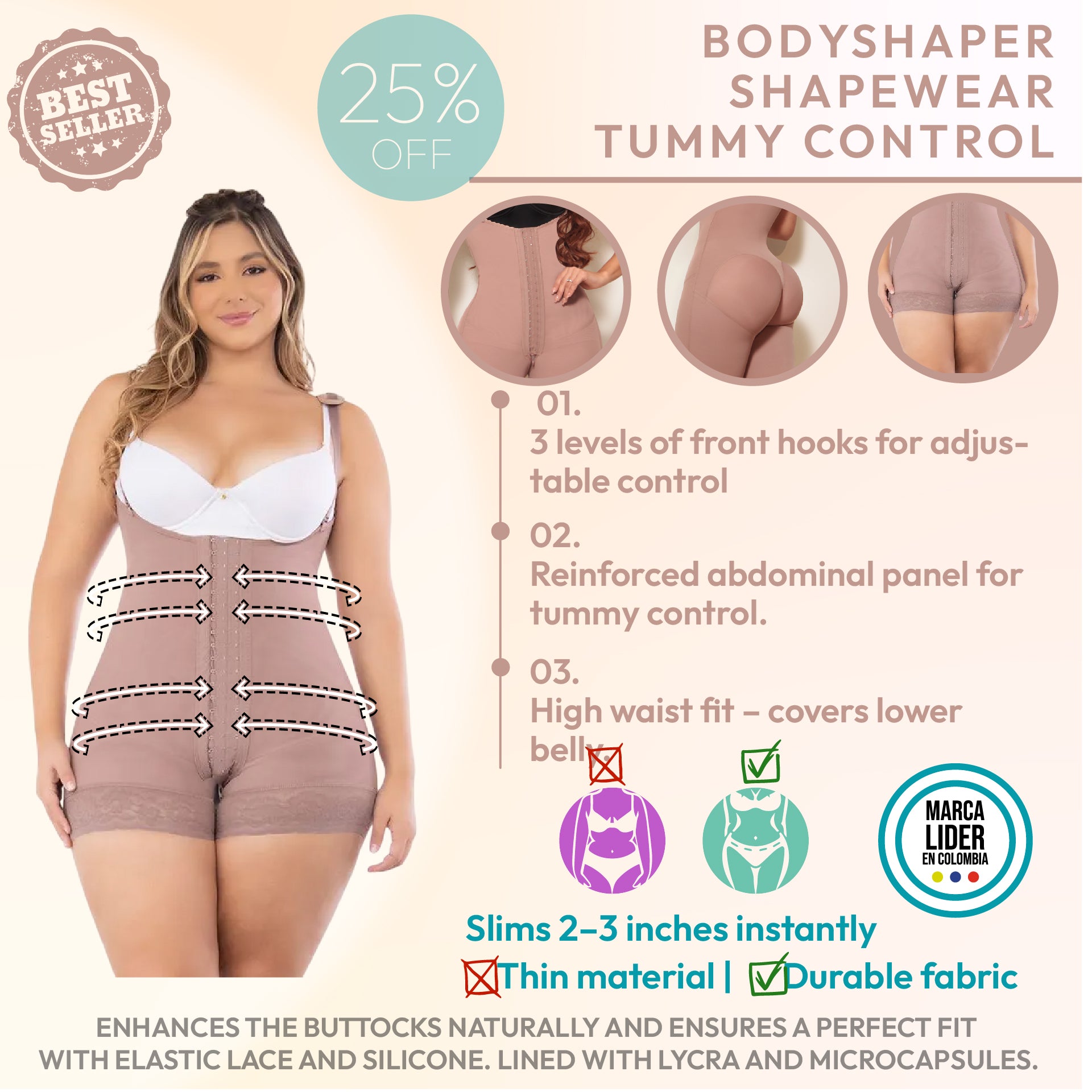 Faja De Compresion Alta Straples  3 lineas de Broches Ajustable Cachetera